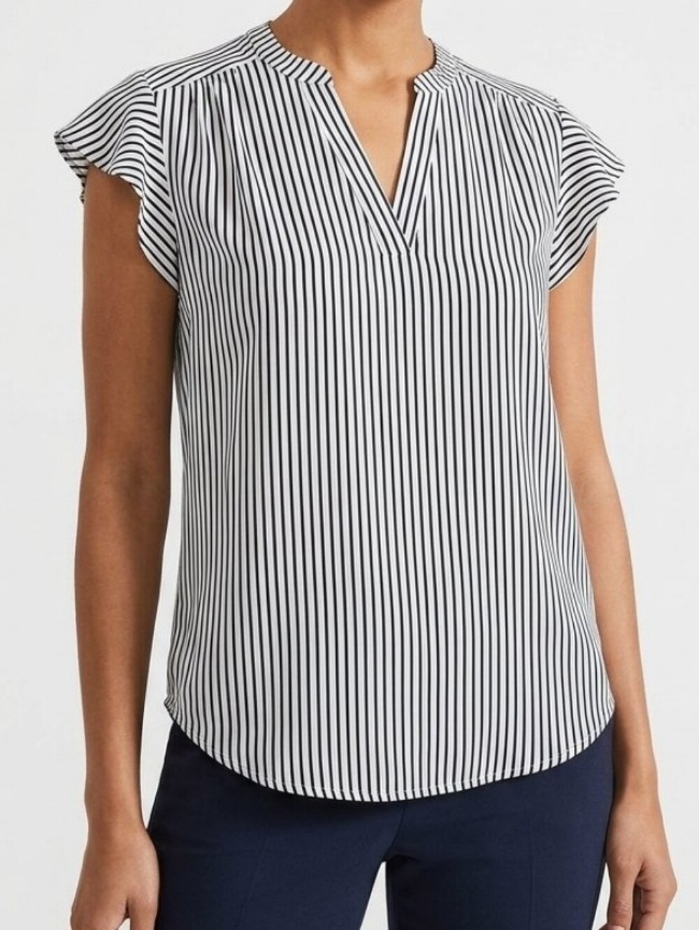 Adrianna Papell Black White Striped Flutter Sleeve Blouse Women's Size M